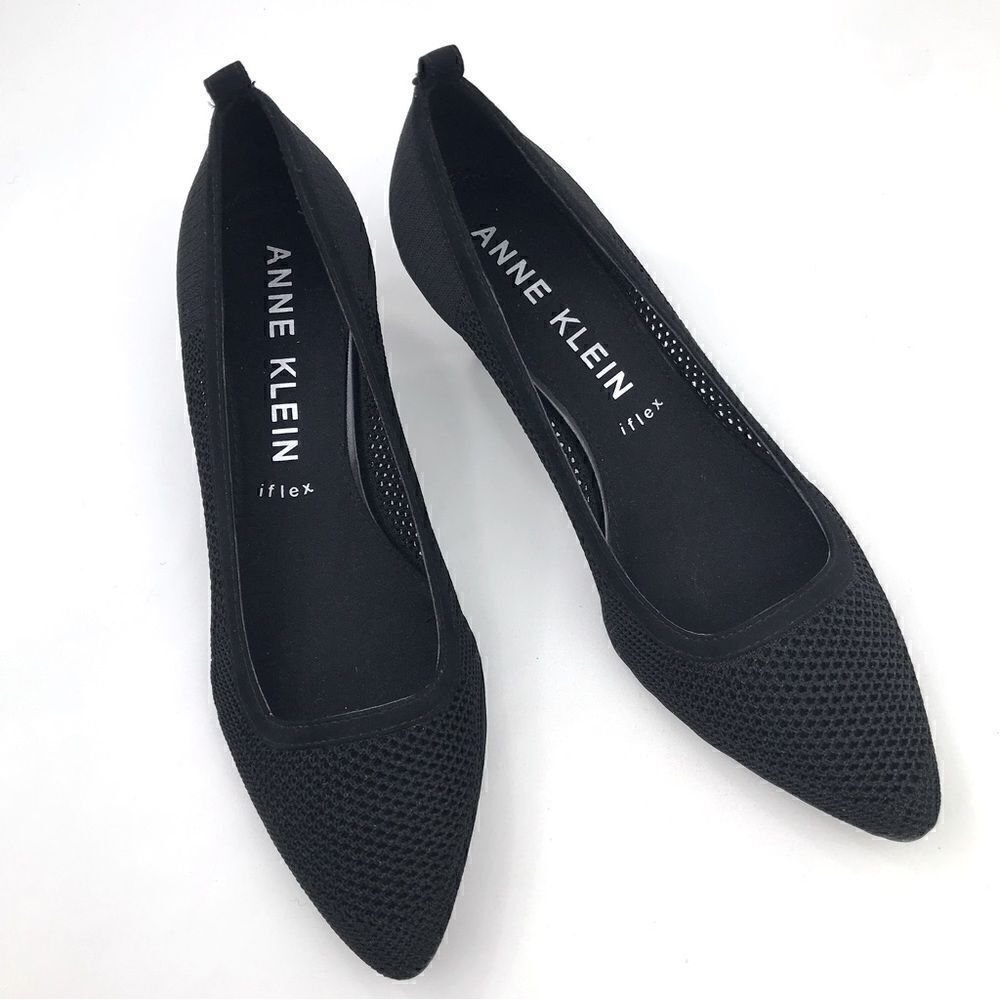 Anne Klein iflex REBECCA Black Perforated Mesh Slip On Pointed Toe Comfort Heels